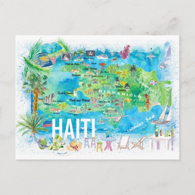 Haiti Illustrated Island Travel Map with Roads  Postcard (Front)
