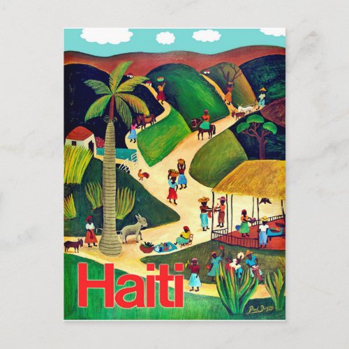 Haiti native people in tropic village vintage postcard