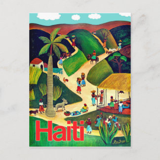 Haiti, native people in tropic village, vintage postcard