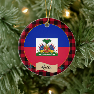 Haiti, Red buffalo plaid & Haitian Flag Ceramic Ornament