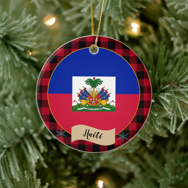Haiti, Red buffalo plaid & Haitian Flag Ceramic Ornament (Tree)