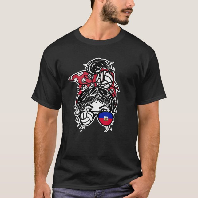 Haiti Volleyball Fans  Messy Bun Hair Girl Haitian T-Shirt (Front)