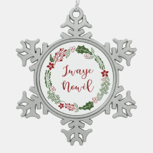 Haitian Creole Merry Christmas Wreath Jwaye Nowèl Snowflake Pewter Christmas Ornament