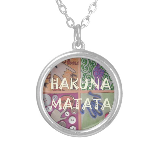 Hakuna Matata Hand Sign Art Print Silver Plated Necklace (Front)