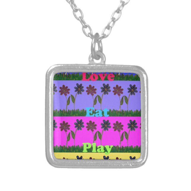 Hakuna Matata Love Eat Play.png Silver Plated Necklace (Front)