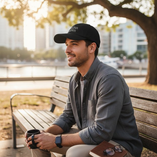 Hakuna Matata: Silver Premium Headwear Achempong Embroidered Baseball Cap (Find your calm. Silver embroidered "Hakuna Matata" cap, perfect for mindful moments in the city.)