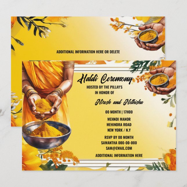 Haldi ceremony floral turmeric hands flowers invitation (Front/Back)