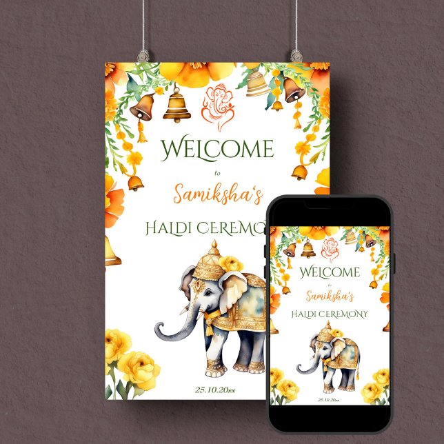 Haldi Indian wedding elephant welcome sign (Indian wedding elephant Haldi welcome sign editable template poster digital download yellow flowers)