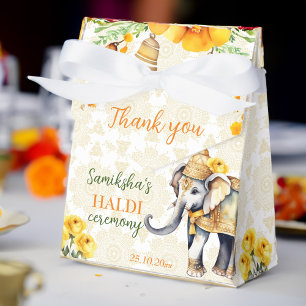 Haldi Indian wedding elephant yellow flowers favor Boxes