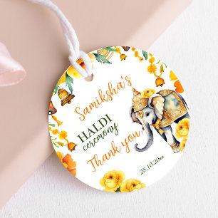 Haldi Indian wedding elephant yellow flowers favor Tags