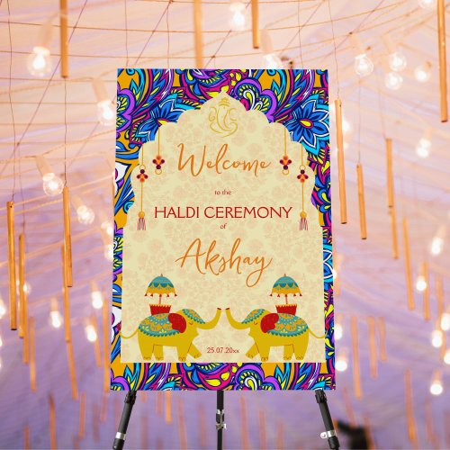 Haldi Indian wedding elephants blue welcome sign