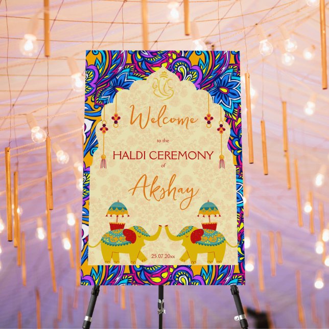 Haldi Indian wedding elephants blue welcome sign (Haldi welcome signs cute Indian wedding elephants yellow background blue oriental pattern)