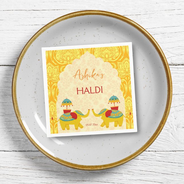 Haldi Indian wedding elephants yellow  Napkins (Haldi napkins yellow jolly Indian wedding cute elephants arch border yellow pattern background)