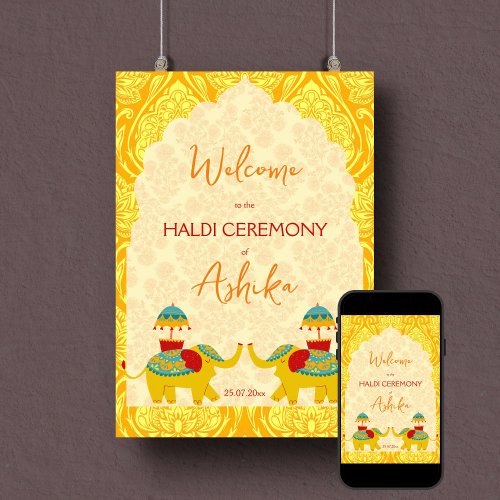 Haldi Indian wedding elephants yellow welcome sign