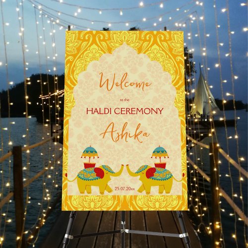 Haldi Indian wedding elephants yellow welcome sign