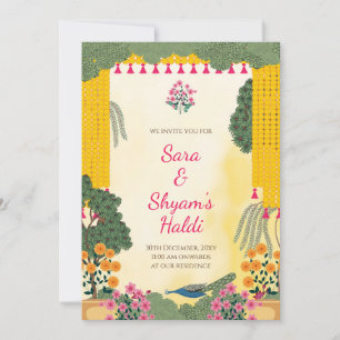 Haldi Invitation   Peacock Marigold Floral Garden