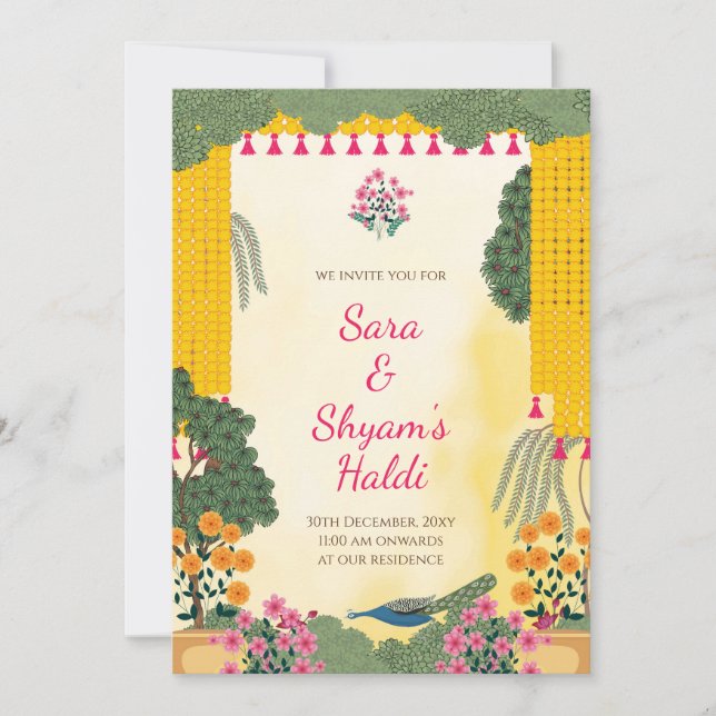 Haldi Invitation | Peacock Marigold Floral Garden (Front)