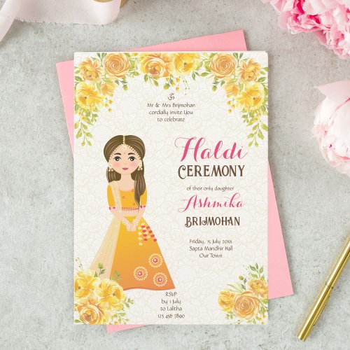 Haldi Invitation with a cute girl yellow roses  