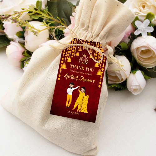Haldi Mehndi Sangeet Indian wedding maroon yellow Gift Tags