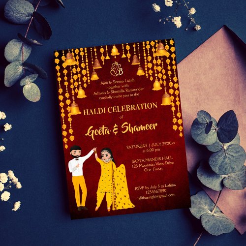 Haldi Mehndi Sangeet Indian wedding maroon yellow Invitation