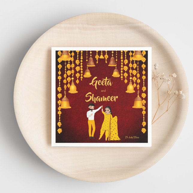 Haldi Mehndi Sangeet Indian wedding maroon yellow Napkins (Haldi Mehndi Sangeet Indian wedding maroon and yellow template Napkins personalized tableware decor)