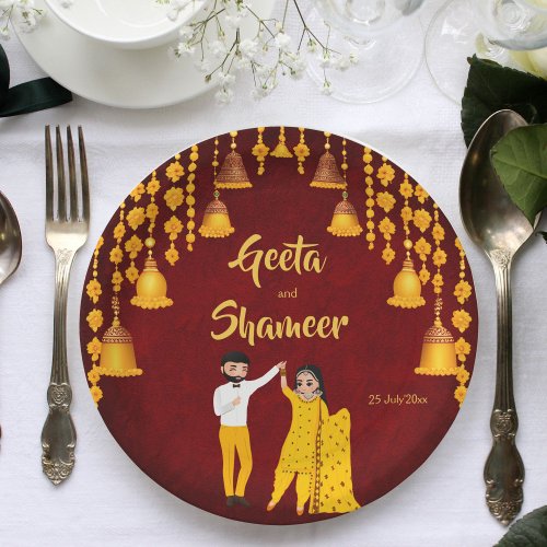 Haldi Mehndi Sangeet Indian wedding maroon yellow Paper Plates