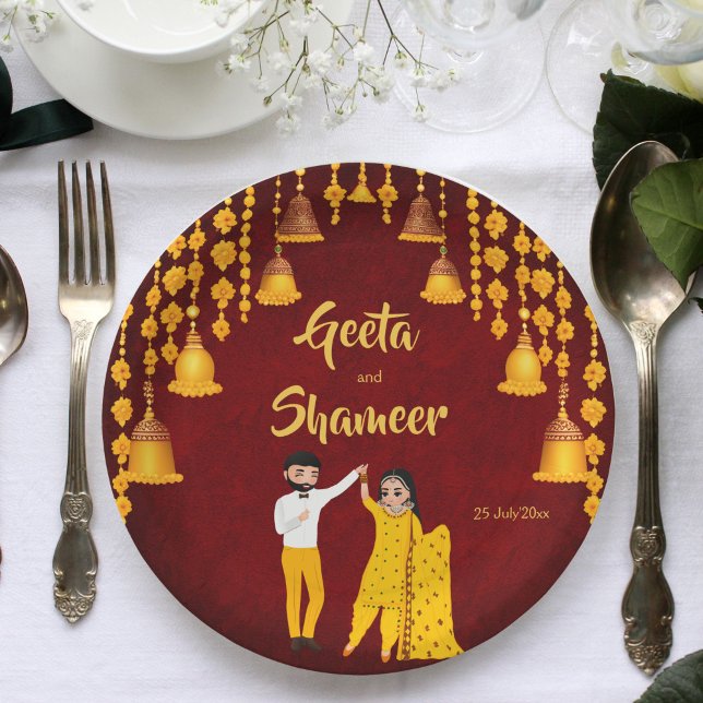 Haldi Mehndi Sangeet Indian wedding maroon yellow Paper Plates (Haldi Mehndi Sangeet Indian wedding maroon yellow template Paper Plates personalized tableware decor)
