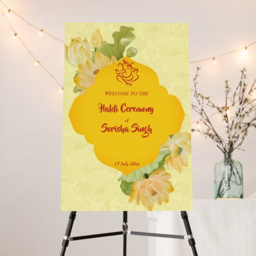 Haldi pithi yellow lotus flowers welcome sign