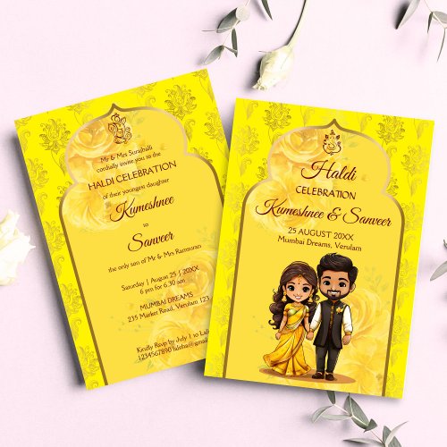 Haldi Sanget cute Indian bridal couple cartoon Invitation