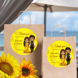 Haldi Sanget Indian wedding thank you favor Classic Round Sticker<br><div class="desc">Haldi sangeet cute Indian bridal couple whimsical cartoon charicature Hindu wedding thank you favor stickers,   yellow background and gold flower border Indian wedding haldi mehndi sangeet favor stickers with a cute cartoon  characters,  check your size and a personalized touch to your haldi sangeet favors</div>