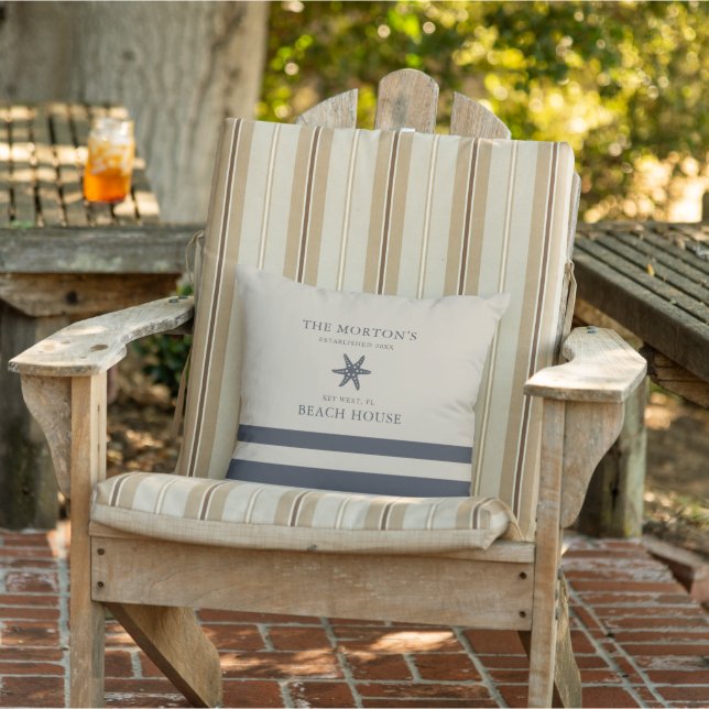 Hale Blue and Beige Starfish Family Beach House Outdoor Pillow (Chair)