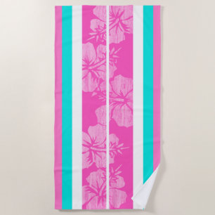 Haleiwa Surfboard Hawaiian Hibiscus Striped -Pink Beach Towel
