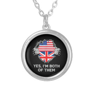Half American Half British USA England Flag Mens W Silver Plated Necklace