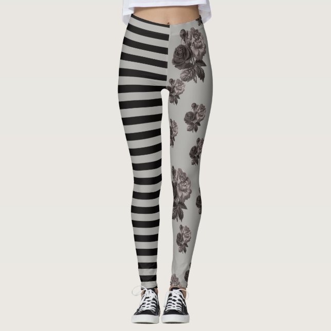 Half and Half Stripe and Black Rose Floral Leggings (Front)