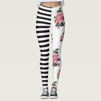 Half and Half Stripe and Rose Floral Leggings
