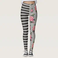 Half and Half Stripe and Rose Floral Leggings