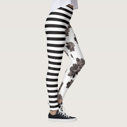 Half and Half Stripe Rose Black and White Floral Leggings Zazzle