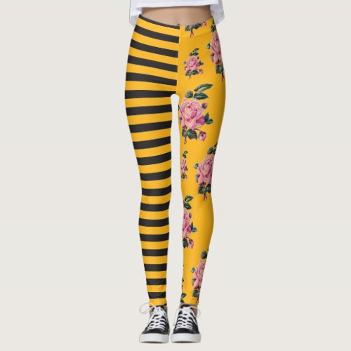 Half and Half Stripe Rose Floral Black and Gold Leggings