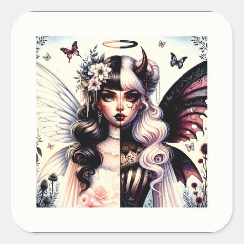 Half Angel Devil Dark Beauty Broken Wing Fairy  Square Sticker