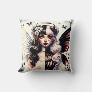 Half Angel Devil Dark Beauty Broken Wing Fairy Throw Pillow