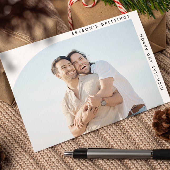 HALF ARCH SIMPLE CHRISTMAS HOLIDAY TWO PHOTOS CARD (BOHO ARCH SHAPED SINGLE PHOTO CHRISTMAS HOLIDAY GREETING CARD, EXTRA PHOTO ON THE BACK. GAY LESBIAN )