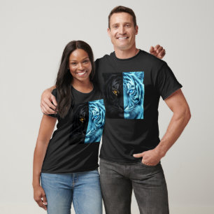 Half Black Half Blue Fire Tiger Face Digital Art T-Shirt
