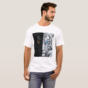 Half Black Half white Fire Tiger Face Digital Art T-Shirt