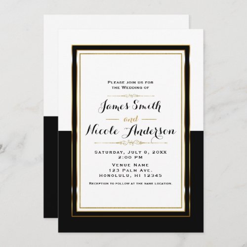 Half Black White  Gold Chic Elegant Wedding Invitation