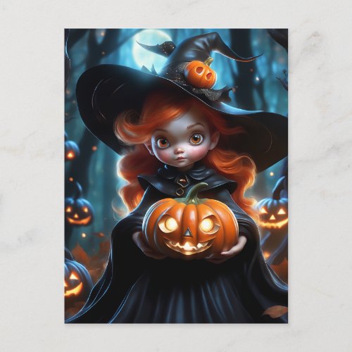Half body of a cute charming halloween witch postcard