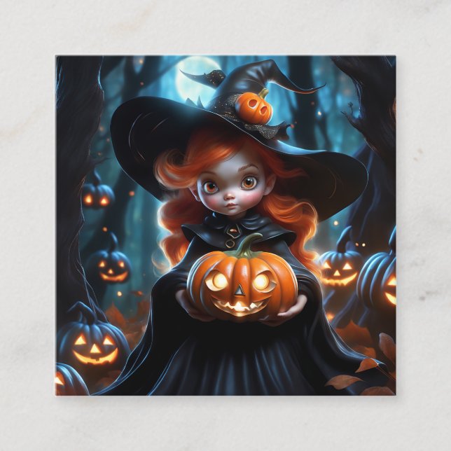 Half body of a cute charming halloween witch square business card (Front)