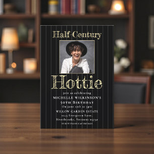Half-Century Hottie Black Pinstripe Photo  Invitation