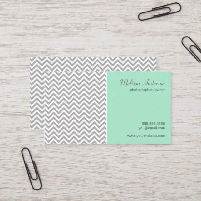 Half Chevron Pattern Gray and Mint Business Card (Front/Back In Situ)