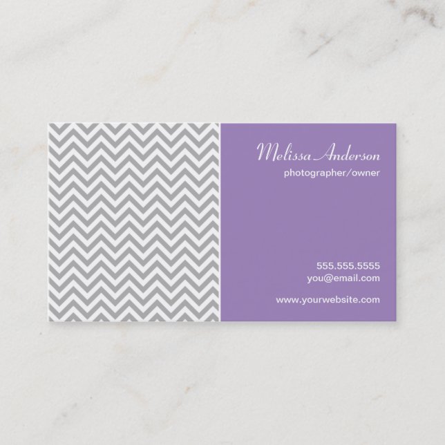 Half Chevron Pattern Gray and Soft Purple Business Card (Front)