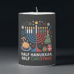 Half Christmas Half Hanukkah Christmukkah Funny  Pillar Candle<br><div class="desc">Christmas Hanukkah mashup,  menorah Christmas,  interfaith holiday humor,  Chrismukkah,  funny Jewish Christmas,  holiday crossover,  Jewish humor,  festive dual holiday,  Christmas 2025,  Hanukkah 2025</div>